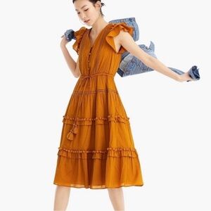 J.CREW | POINT SUR TIERED FLUTTER RUFFLE POM POM MIDI DRESS IN YELLOW SIZE 2
